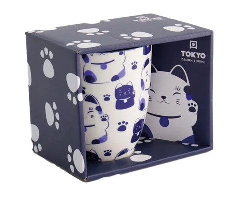 日式设计风格 卡哇伊蓝色猫咪马克杯 380ml  Kawaii Mug, Blue Maneko Cat Giftbox