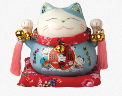 蓝色瓷制招财猫存钱罐 （高14cm 直径15cm） Porcelain money box Maneki Neko, blue, H = approx. 14 cm / diameter approx. 15 cm