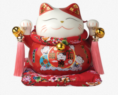 红色瓷制招财猫存钱罐 （高14cm 直径15cm）Porcelain money box Maneki Neko, red, H = approx. 14 cm / diameter approx. 15 cm