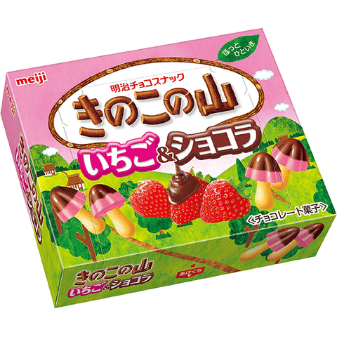 Japanilainen Meiji-sienen muotoinen mansikkasuklaakeksejä 74 g Pinkki Kinoko No Yama Strawberry